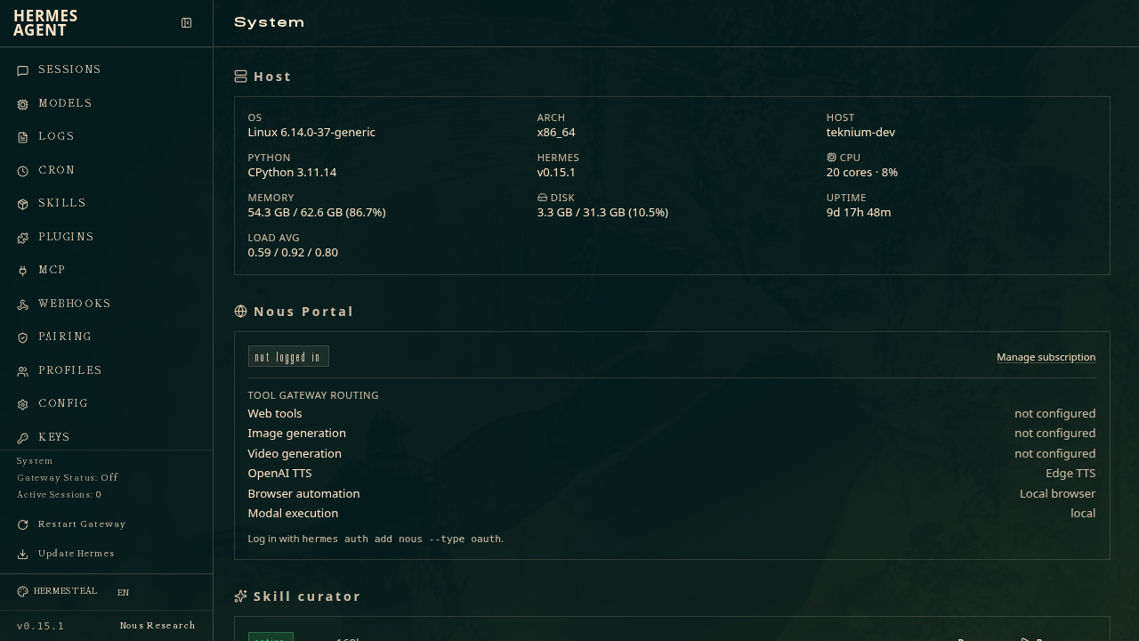System admin page — host stats