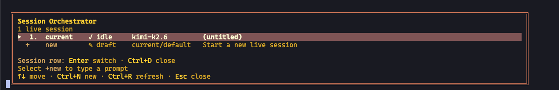 Ailiv TUI Session Orchestrator with one live session and a +new row